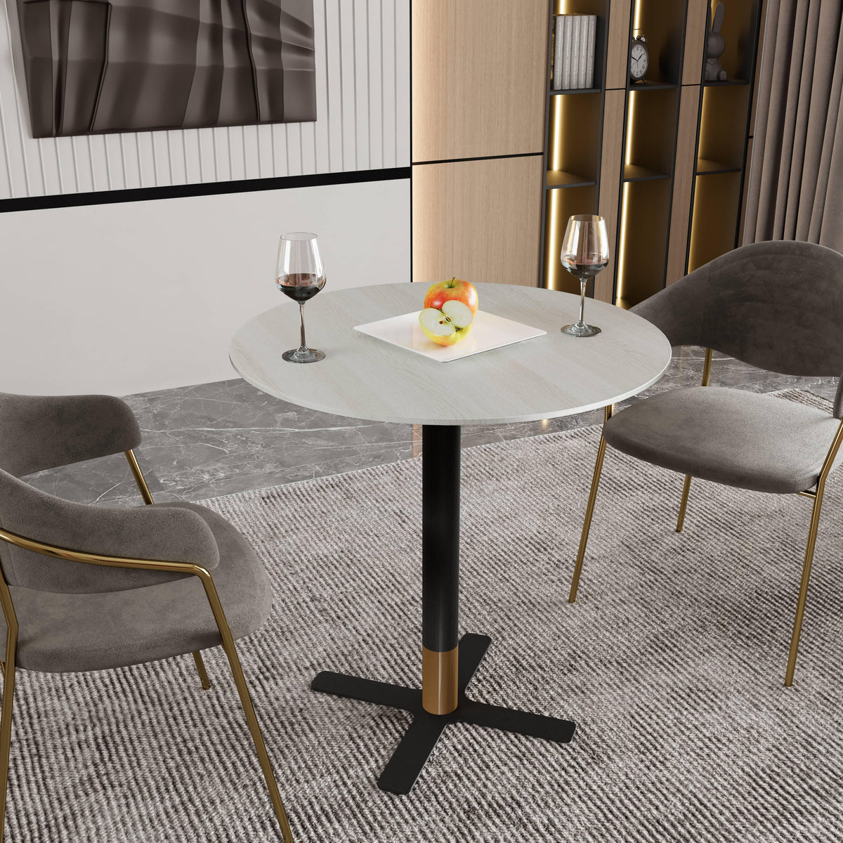 LeisureMod Vail Collection Dining Table Black/Gold X Base With 27"/36" Round Black MDF Top - Elax Furniture