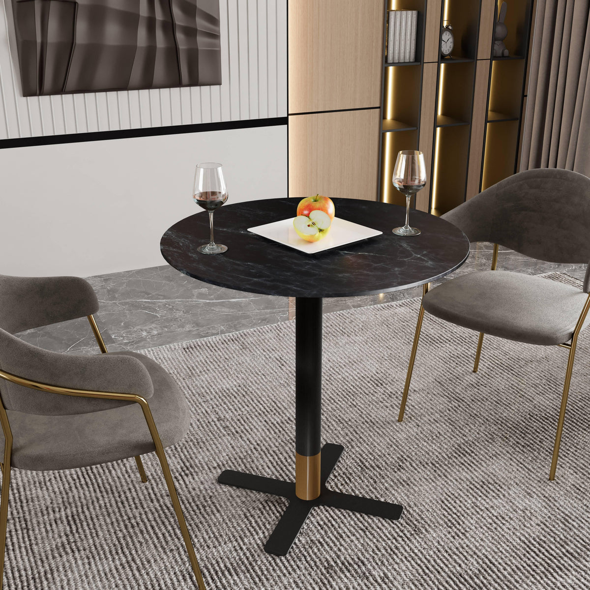 LeisureMod Vail Collection Dining Table Black/Gold X Base With 27"/36" Round Black MDF Top - Elax Furniture