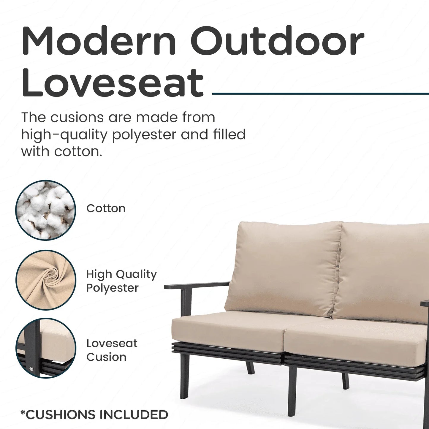 Walbrooke Modern Outdoor Patio Loveseat with Black Aluminum Frame and Removable Cushions - Elax Furniture