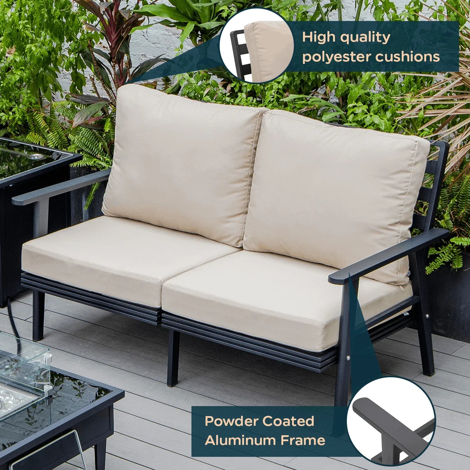Walbrooke Modern Outdoor Patio Loveseat with Black Aluminum Frame and Removable Cushions - Elax Furniture