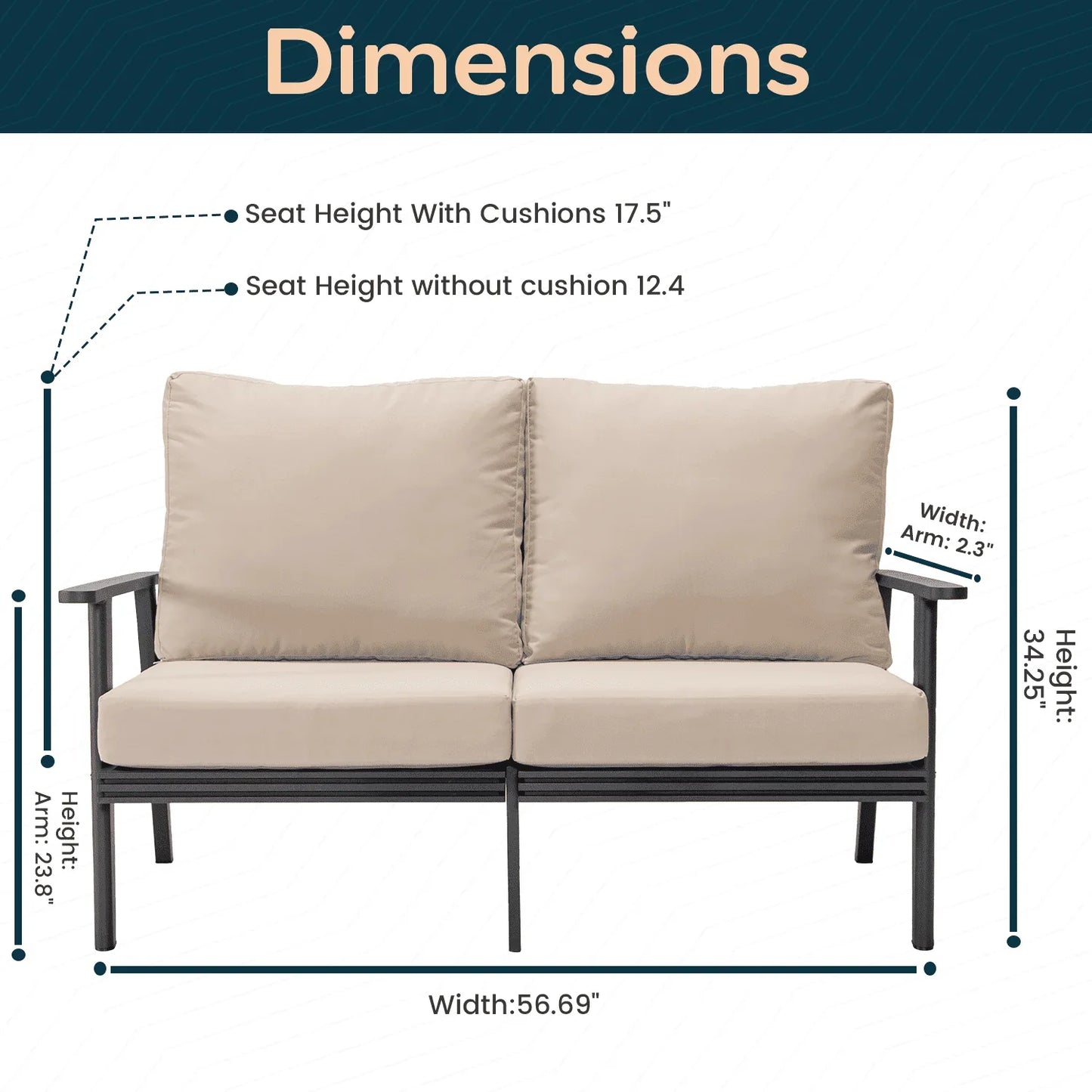 Walbrooke Modern Outdoor Patio Loveseat with Black Aluminum Frame and Removable Cushions - Elax Furniture