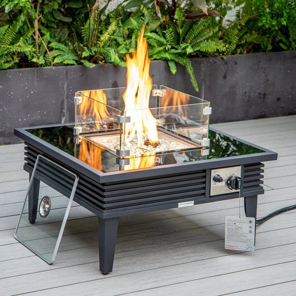 Walbrooke Modern Outdoor Square Fire Pit Table with Powder-Coated Aliuminum Frame and Slats Design