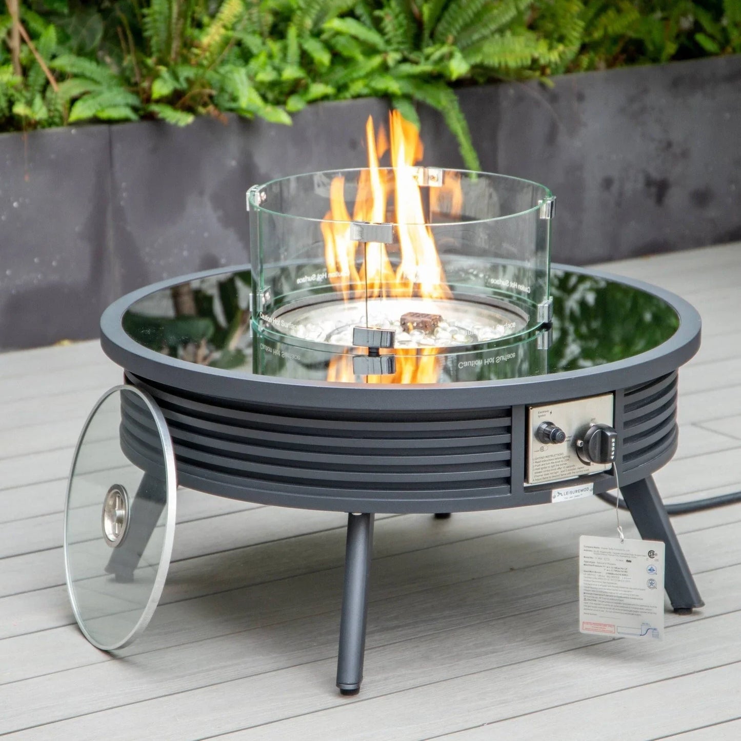 Walbrooke Modern Outdoor Round Fire Pit Table with Powder-Coated Aliuminum Frame and Slats Design - Elax Furniture