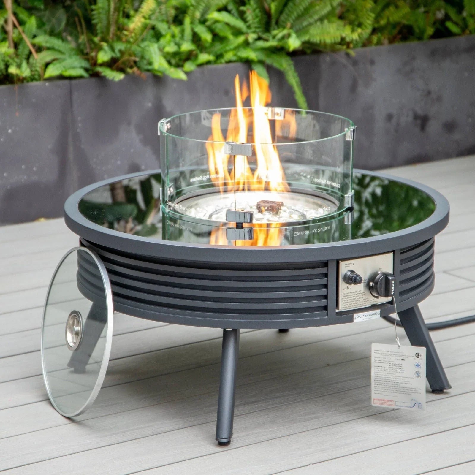 Walbrooke Modern Outdoor Round Fire Pit Table with Powder-Coated Aliuminum Frame and Slats Design - Elax Furniture