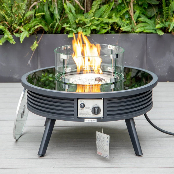 Walbrooke Modern Outdoor Round Fire Pit Table with Powder-Coated Aliuminum Frame and Slats Design