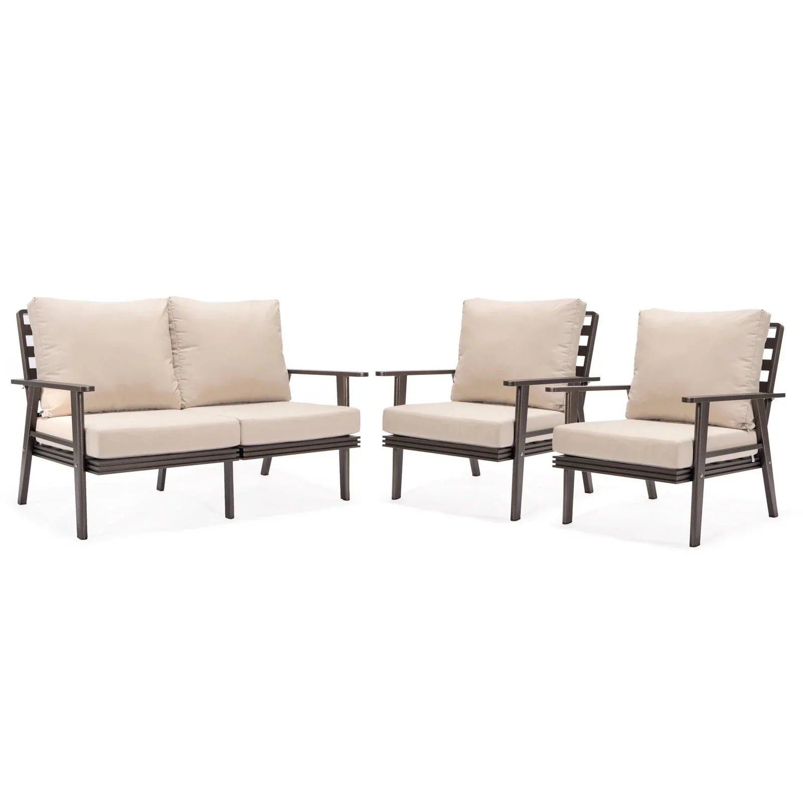Walbrooke Modern 3-Piece Outdoor Patio Set with Brown Aluminum Frame and Removable Cushions Loveseat and Set of 2 Armchairs - Elax Furniture