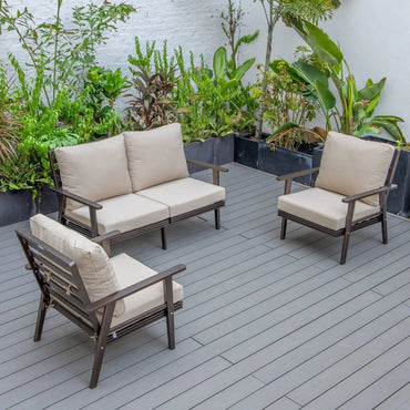 Walbrooke Modern 3-Piece Outdoor Patio Set with Brown Aluminum Frame and Removable Cushions Loveseat and Set of 2 Armchairs - Elax Furniture