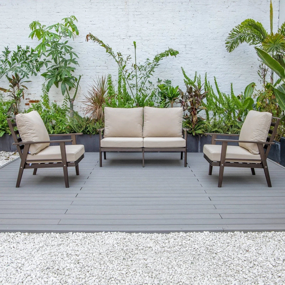 Walbrooke Modern 3-Piece Outdoor Patio Set with Brown Aluminum Frame and Removable Cushions Loveseat and Set of 2 Armchairs - Elax Furniture