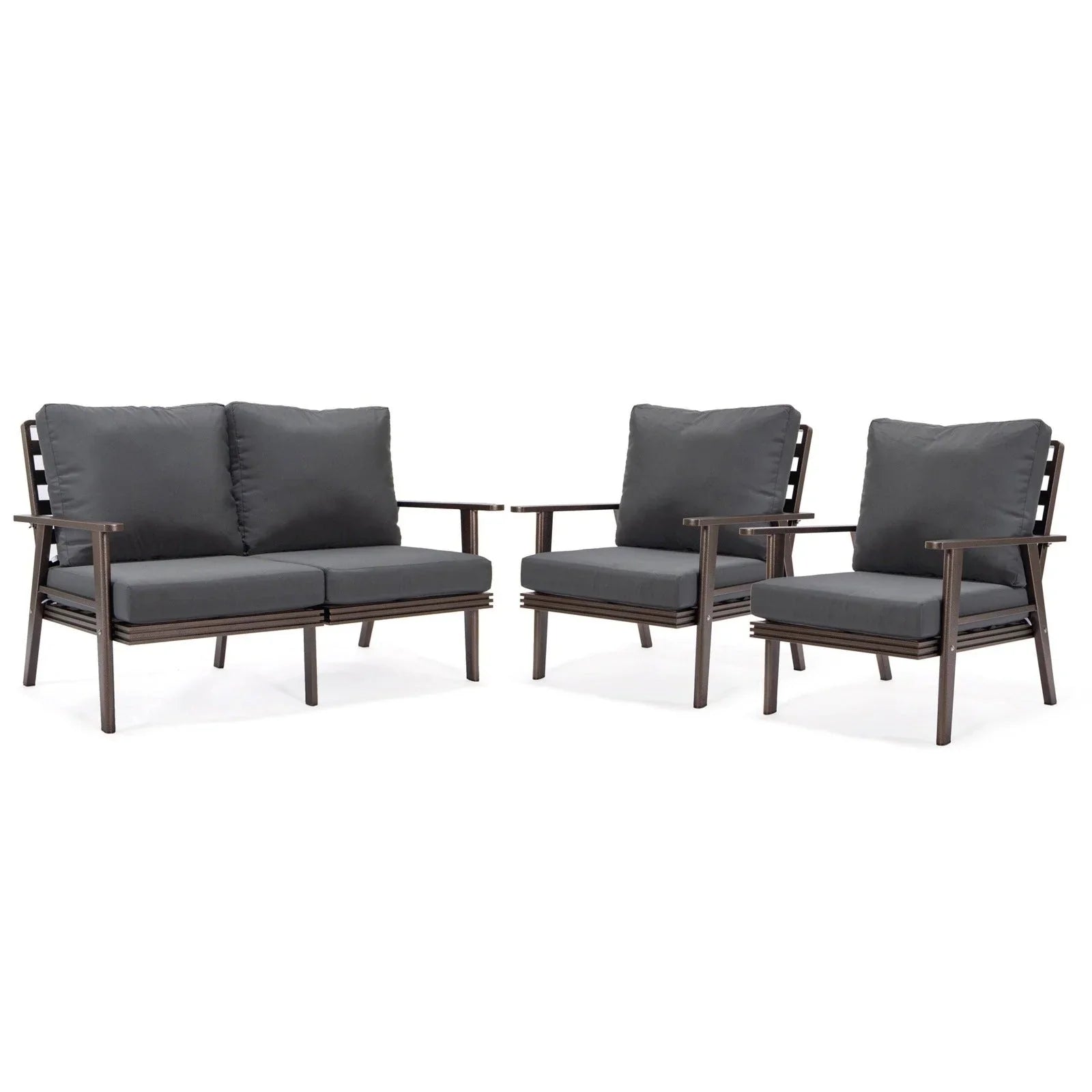 Walbrooke Modern 3-Piece Outdoor Patio Set with Brown Aluminum Frame and Removable Cushions Loveseat and Set of 2 Armchairs - Elax Furniture