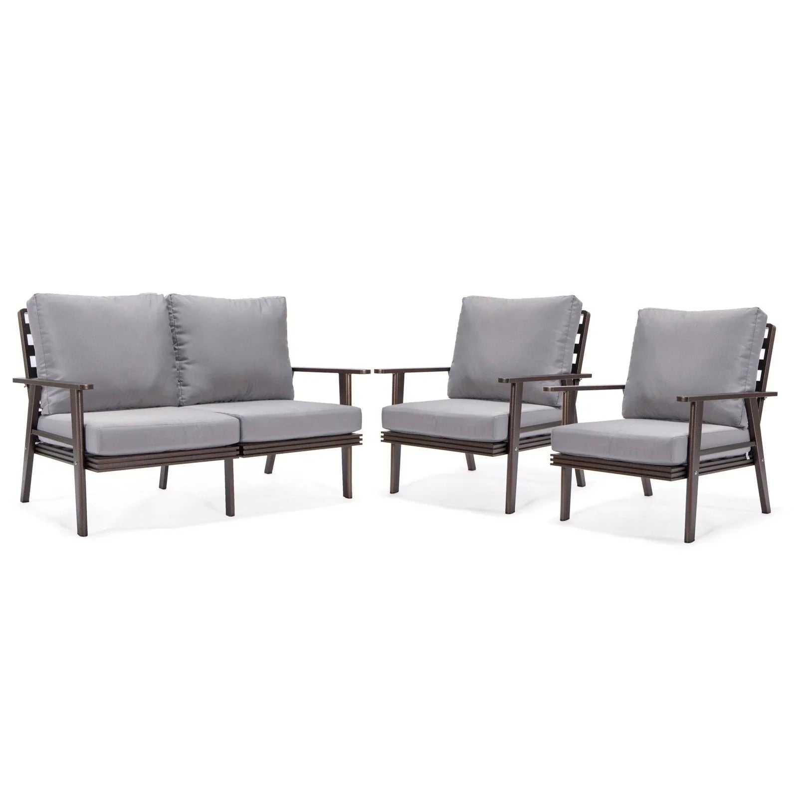 Walbrooke Modern 3-Piece Outdoor Patio Set with Brown Aluminum Frame and Removable Cushions Loveseat and Set of 2 Armchairs - Elax Furniture