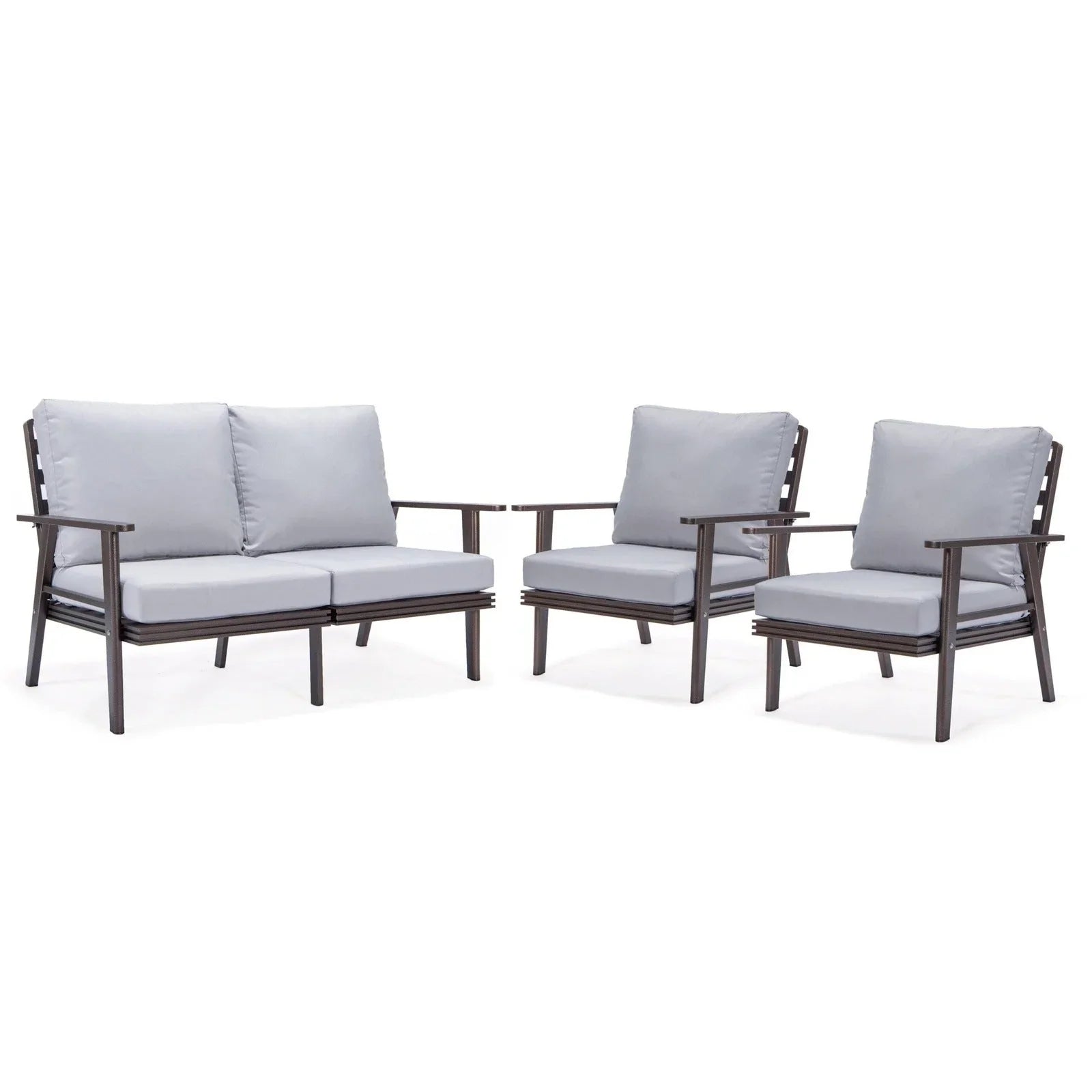 Walbrooke Modern 3-Piece Outdoor Patio Set with Brown Aluminum Frame and Removable Cushions Loveseat and Set of 2 Armchairs - Elax Furniture