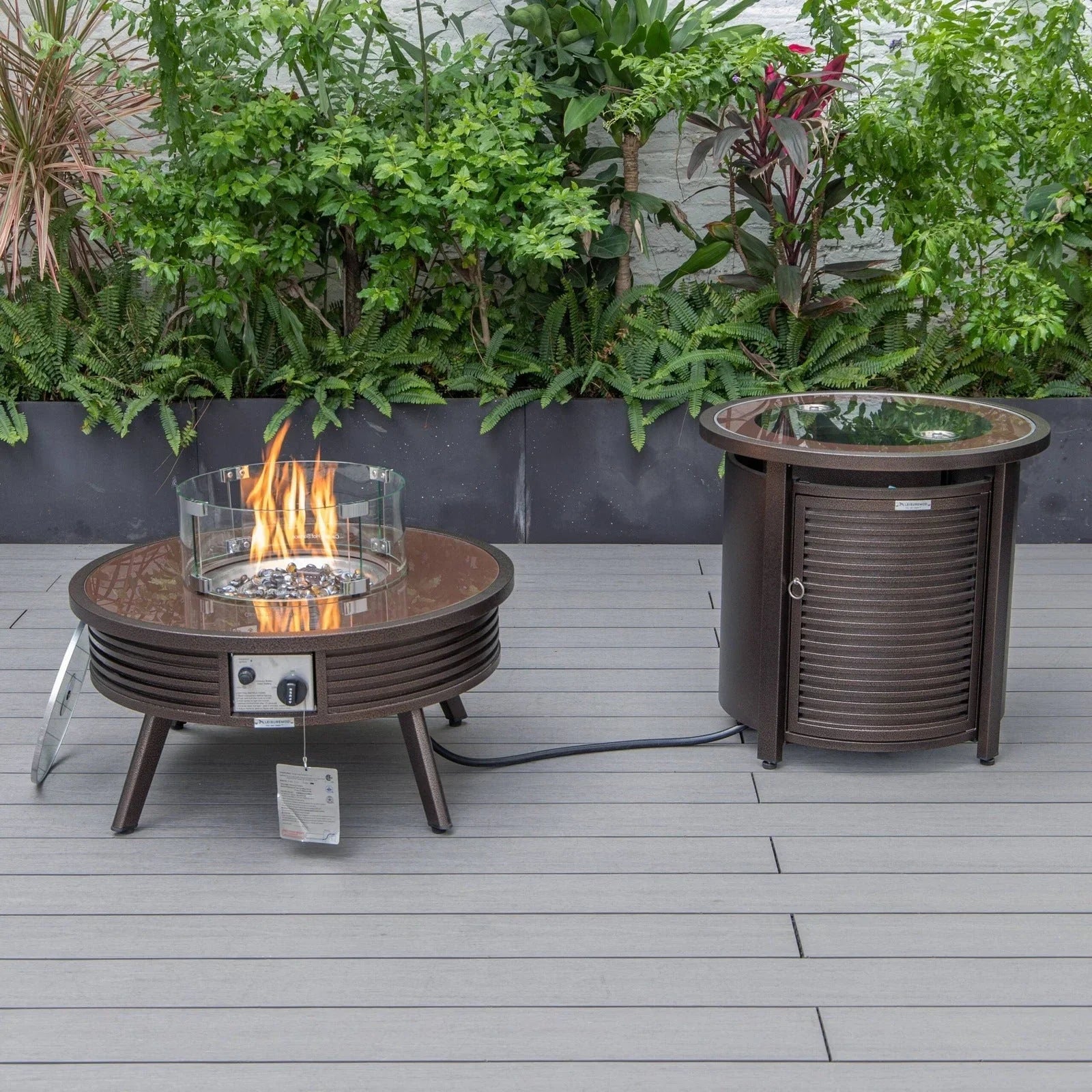 Walbrooke Outdoor Patio Round Fire Pit and Tank Holder with Slats Design - Elax Furniture