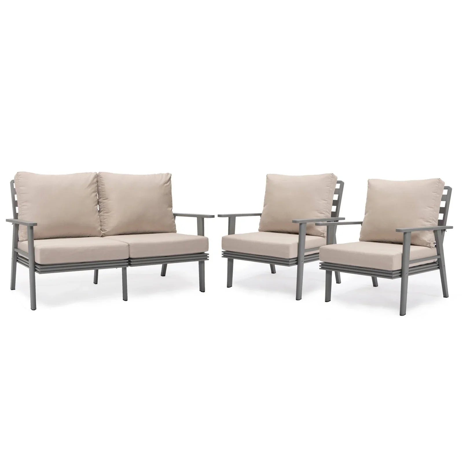 Walbrooke Modern 3-Piece Outdoor Patio Set with Grey Aluminum Frame and Removable Cushions Loveseat and Set of 2 Armchairs - Elax Furniture