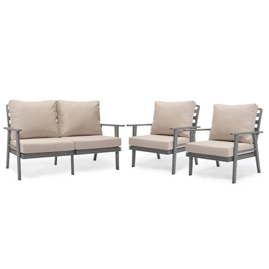 Walbrooke Modern 3-Piece Outdoor Patio Set with Grey Aluminum Frame and Removable Cushions Loveseat and Set of 2 Armchairs - Elax Furniture