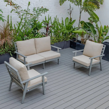 Walbrooke Modern 3-Piece Outdoor Patio Set with Grey Aluminum Frame and Removable Cushions Loveseat and Set of 2 Armchairs - Elax Furniture