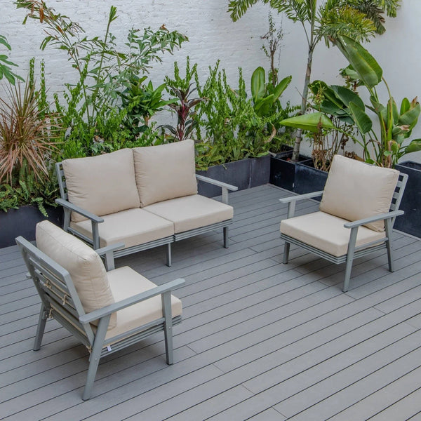 Walbrooke Modern 3-Piece Outdoor Patio Set with Grey Aluminum Frame and Removable Cushions Loveseat and Set of 2 Armchairs