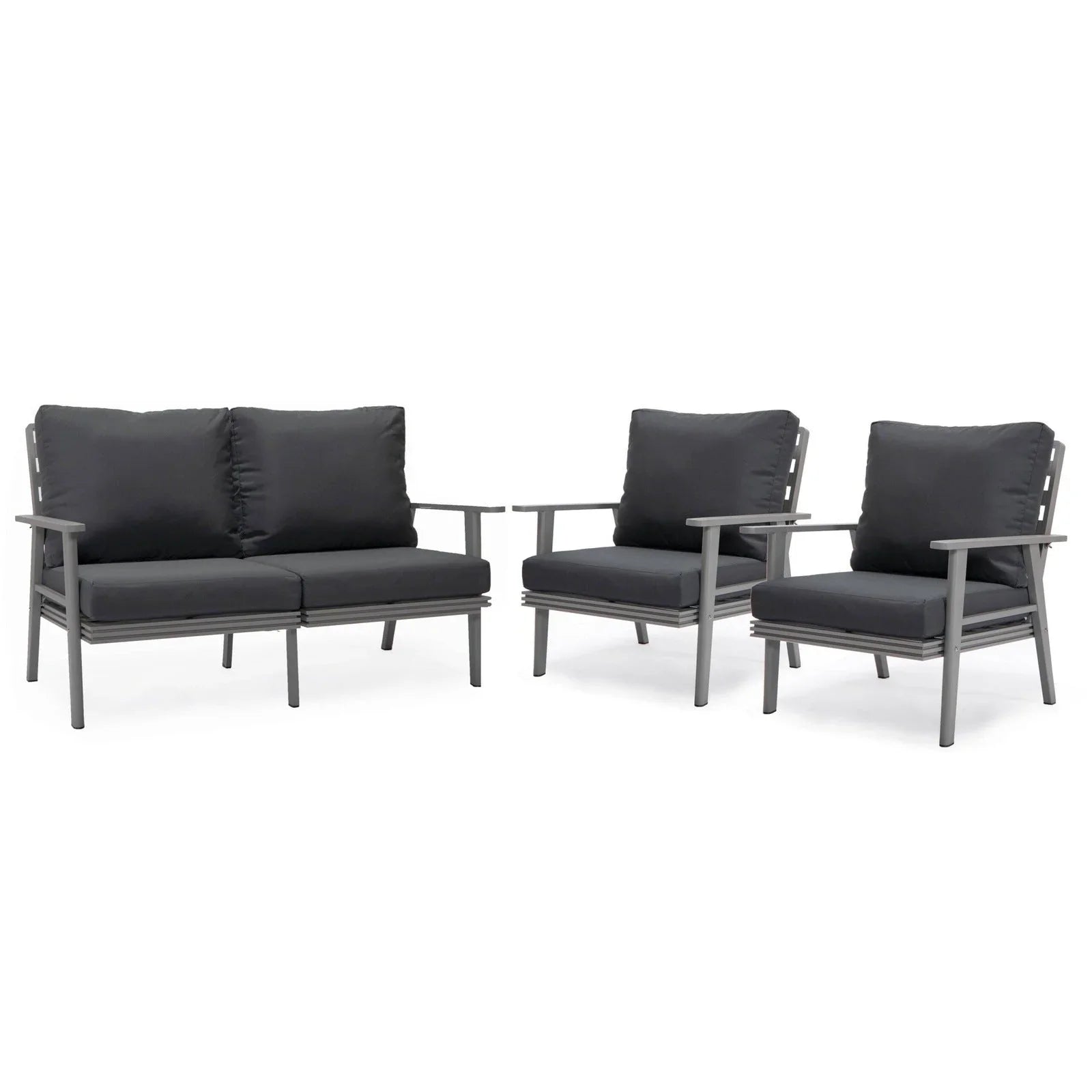Walbrooke Modern 3-Piece Outdoor Patio Set with Grey Aluminum Frame and Removable Cushions Loveseat and Set of 2 Armchairs - Elax Furniture
