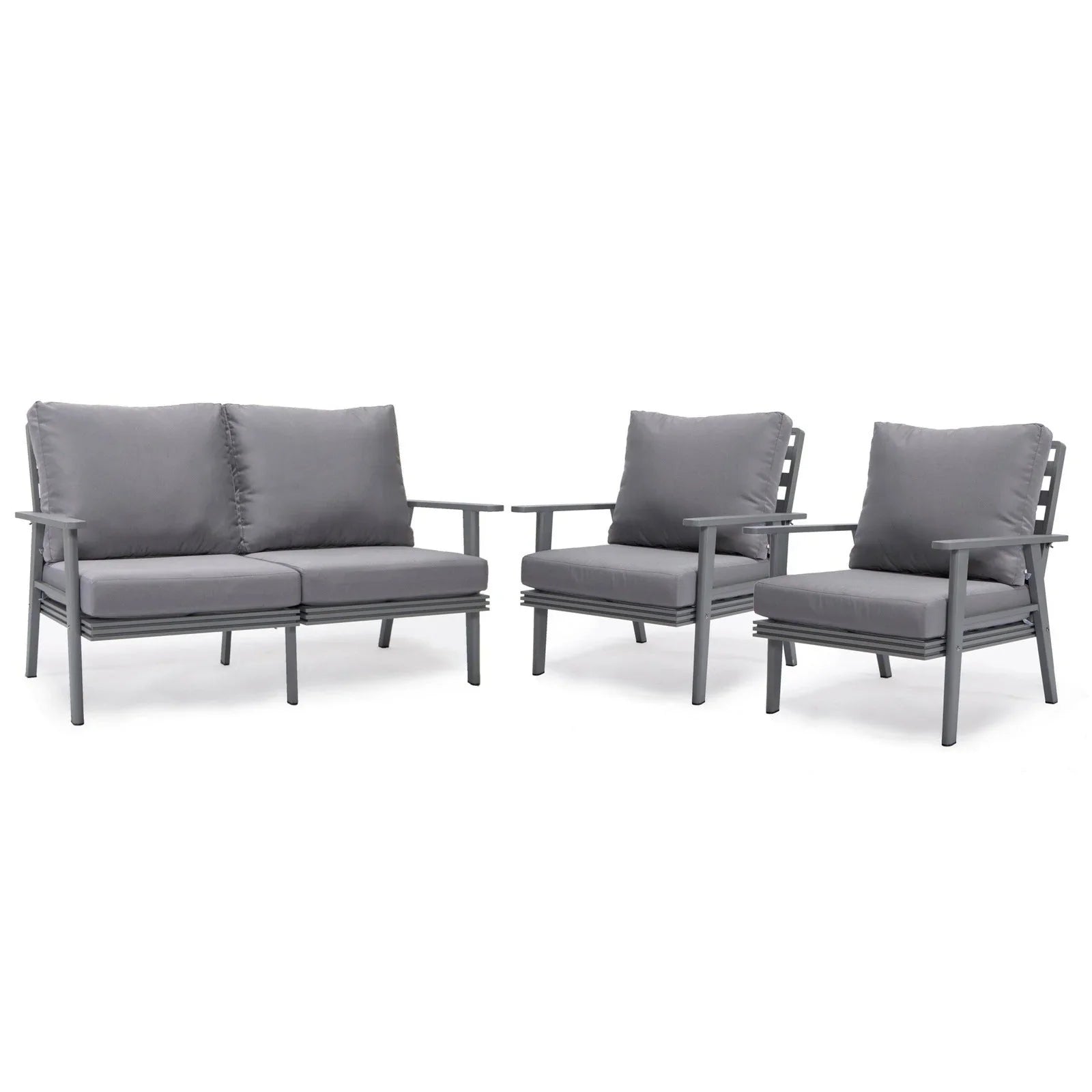 Walbrooke Modern 3-Piece Outdoor Patio Set with Grey Aluminum Frame and Removable Cushions Loveseat and Set of 2 Armchairs - Elax Furniture