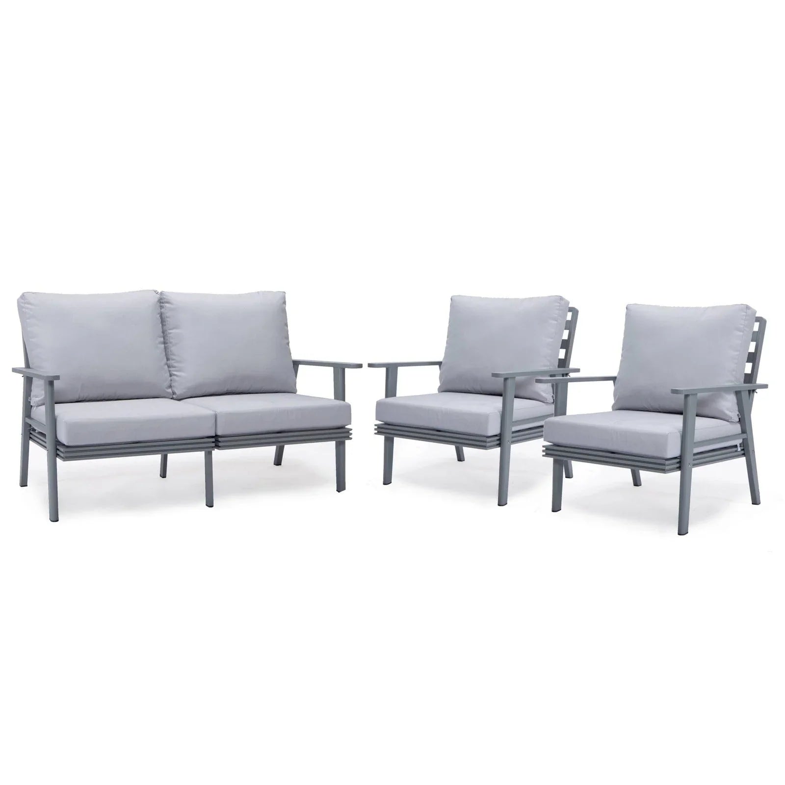 Walbrooke Modern 3-Piece Outdoor Patio Set with Grey Aluminum Frame and Removable Cushions Loveseat and Set of 2 Armchairs - Elax Furniture