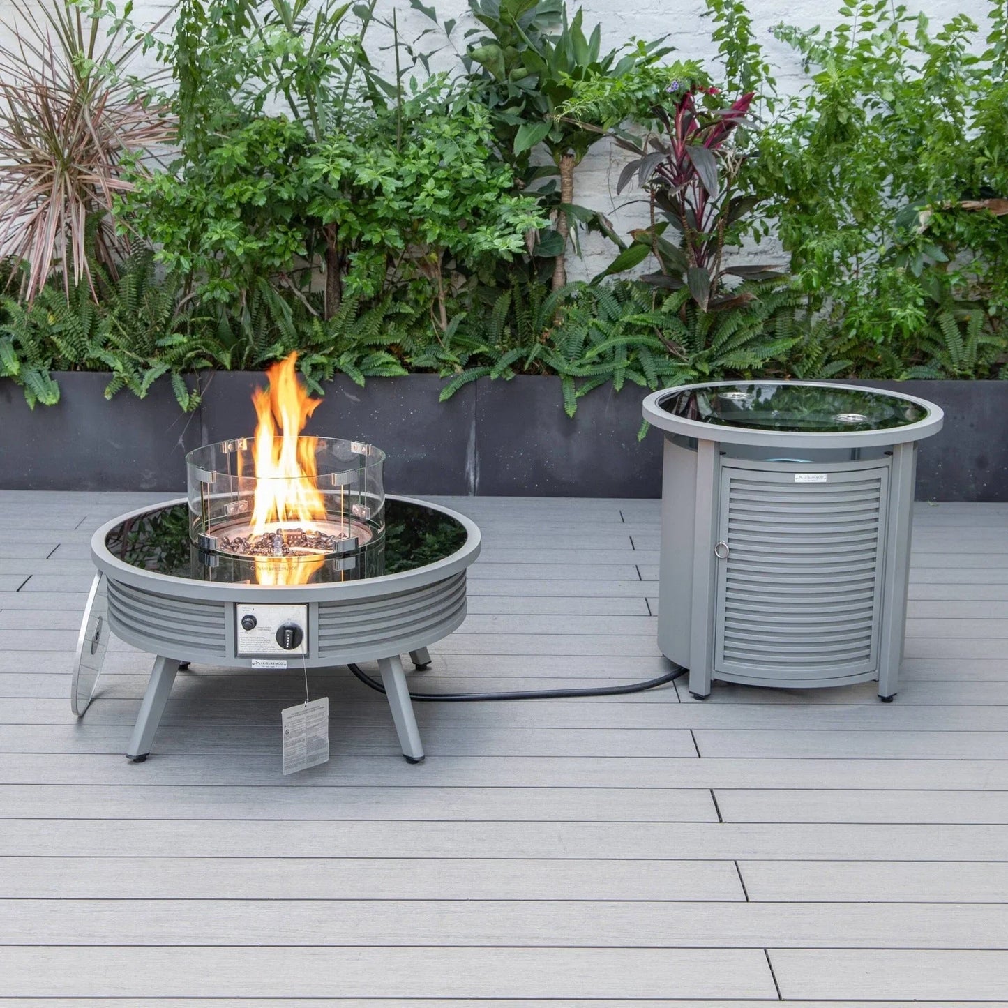 Walbrooke Outdoor Patio Round Fire Pit and Tank Holder with Slats Design - Elax Furniture