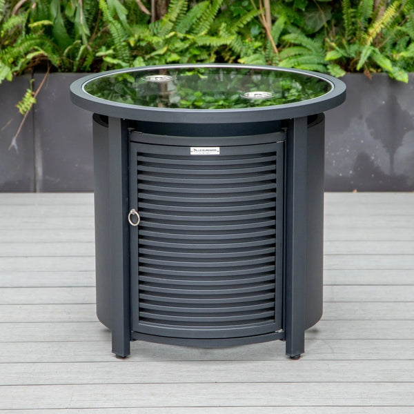 Walbrooke Modern Round Tank Holder Table with Tempered Glass Top and Powder Coated Aluminum Slats Design