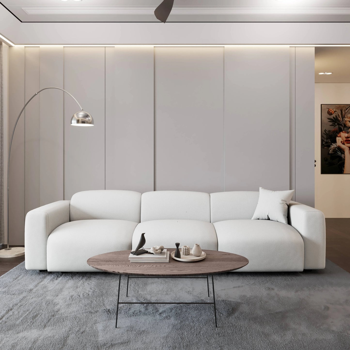 LeisureMod Whisper 4-6 Seater Conversation Set With a Chaise and Ottoman Upholstered in Linen/Leather/Polyester - Elax Furniture