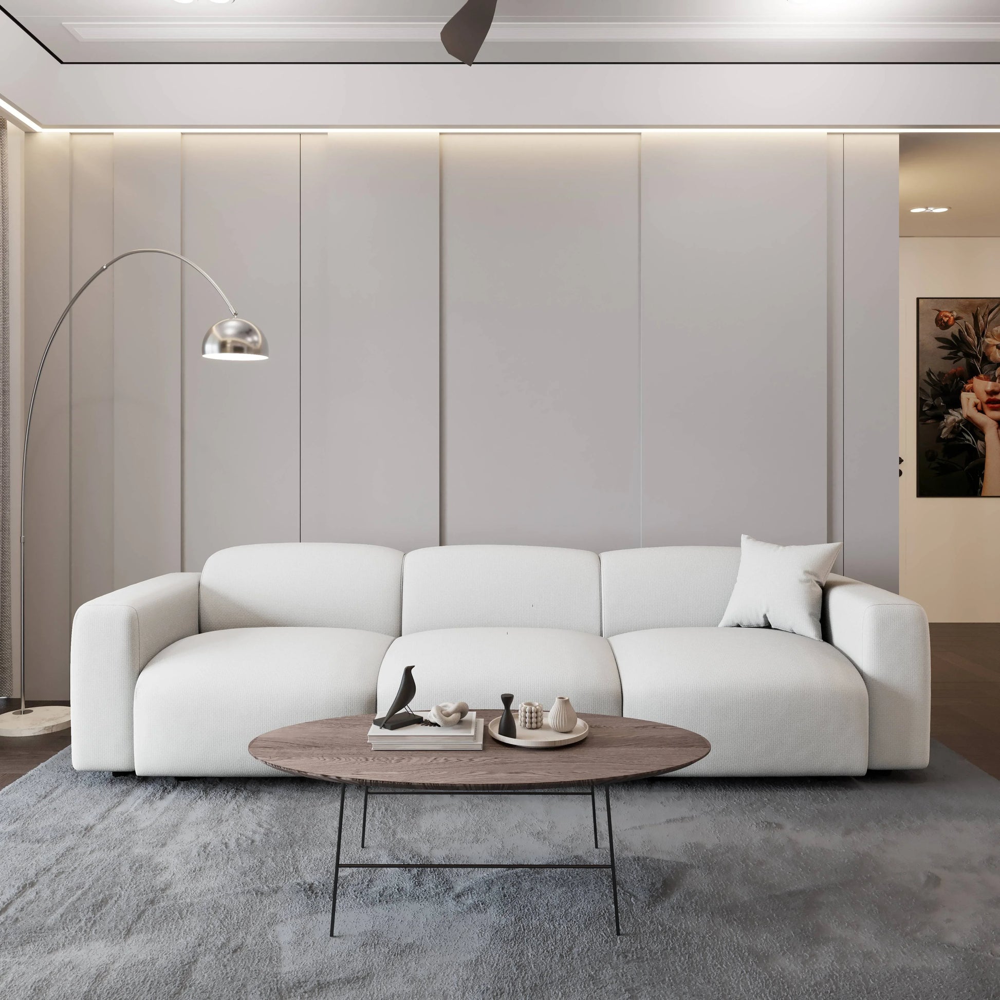LeisureMod Whisper 4-6 Seater Conversation Set With a Chaise and Ottoman Upholstered in Linen/Leather/Polyester - Elax Furniture