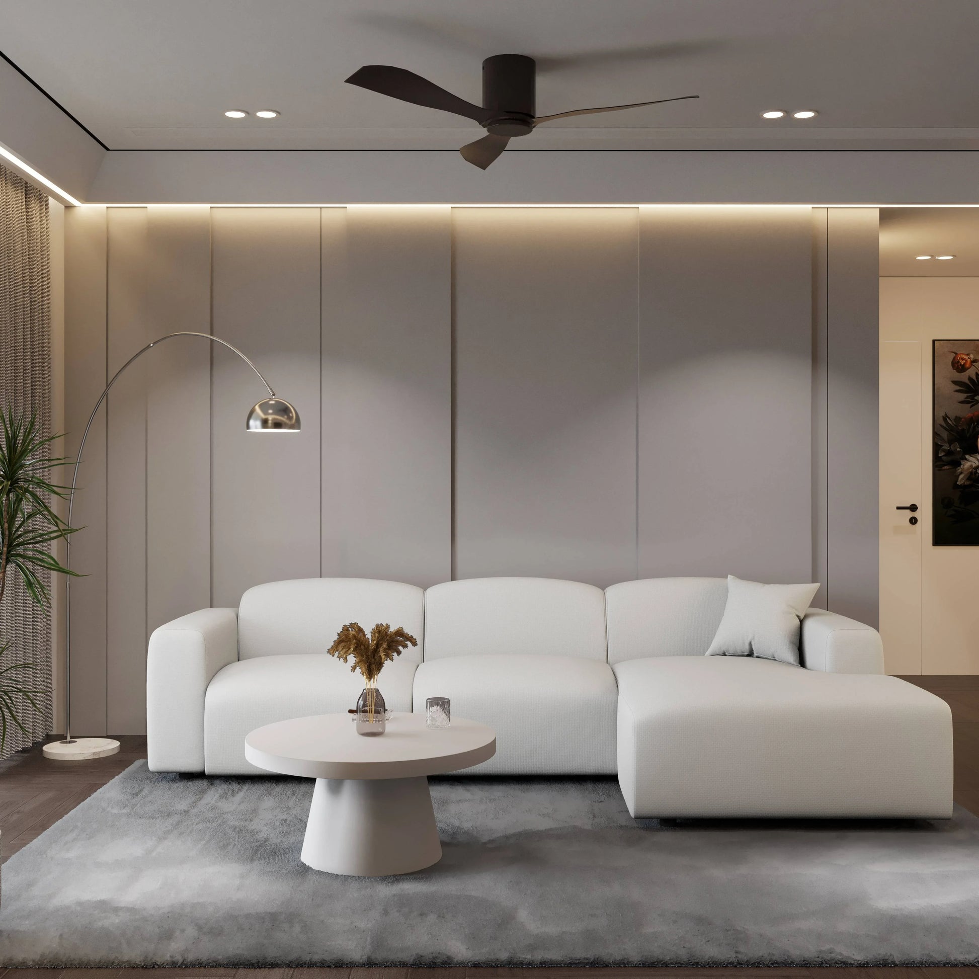 LeisureMod Whisper 4-6 Seater Conversation Set With a Chaise and Ottoman Upholstered in Linen/Leather/Polyester - Elax Furniture
