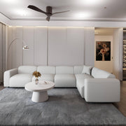 LeisureMod Whisper 4-6 Seater Conversation Set With a Chaise and Ottoman Upholstered in Linen/Leather/Polyester - Elax Furniture