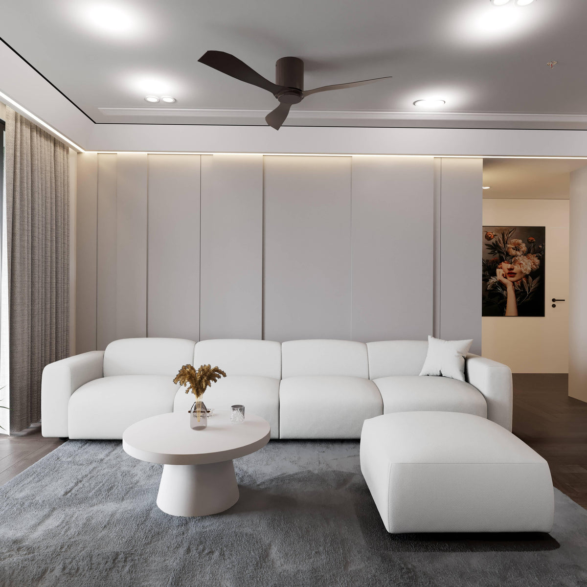 LeisureMod Whisper 4-6 Seater Conversation Set With a Chaise and Ottoman Upholstered in Linen/Leather/Polyester - Elax Furniture