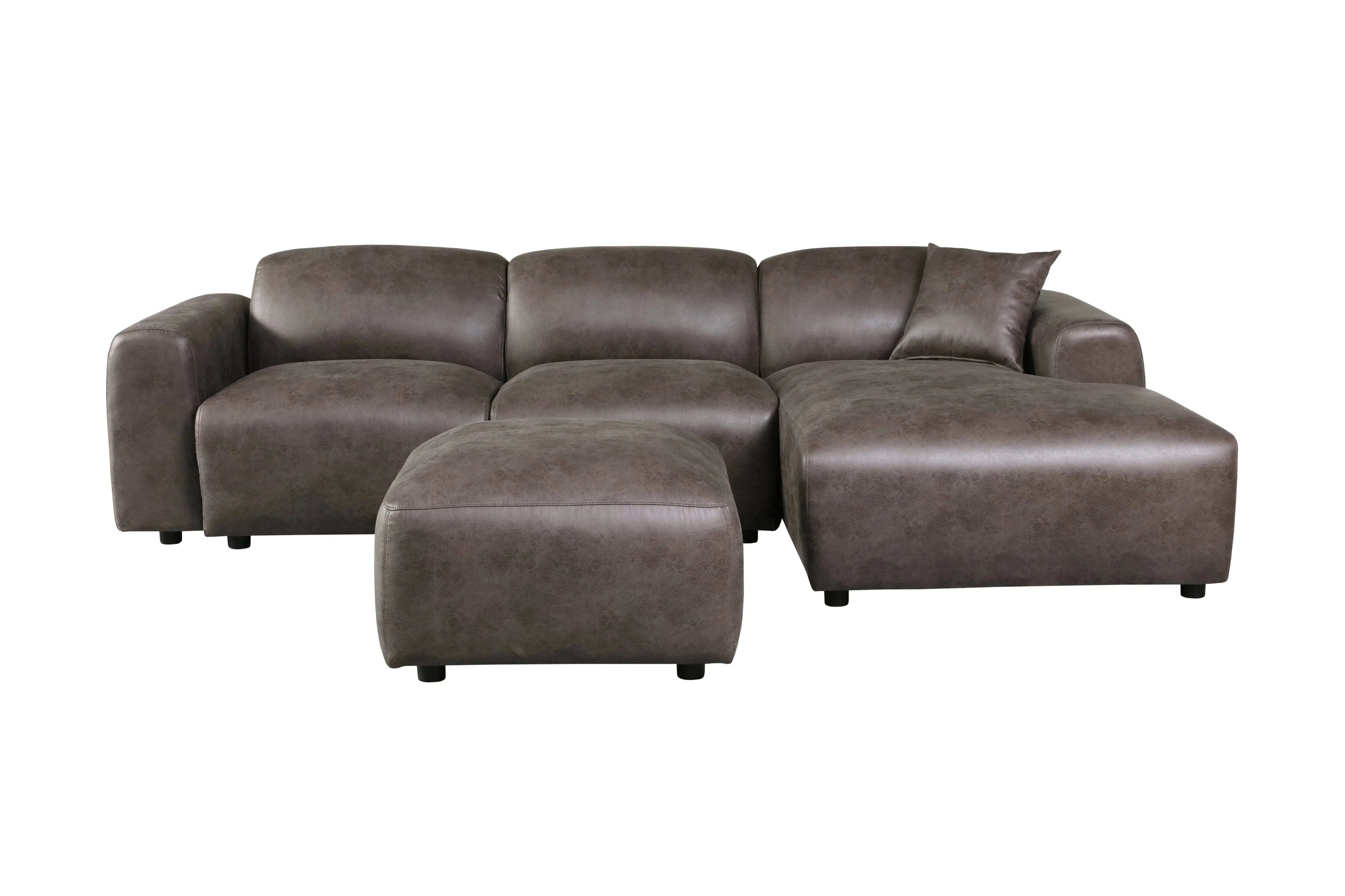LeisureMod Whisper 4-6 Seater Conversation Set With a Chaise and Ottoman Upholstered in Linen/Leather/Polyester - Elax Furniture