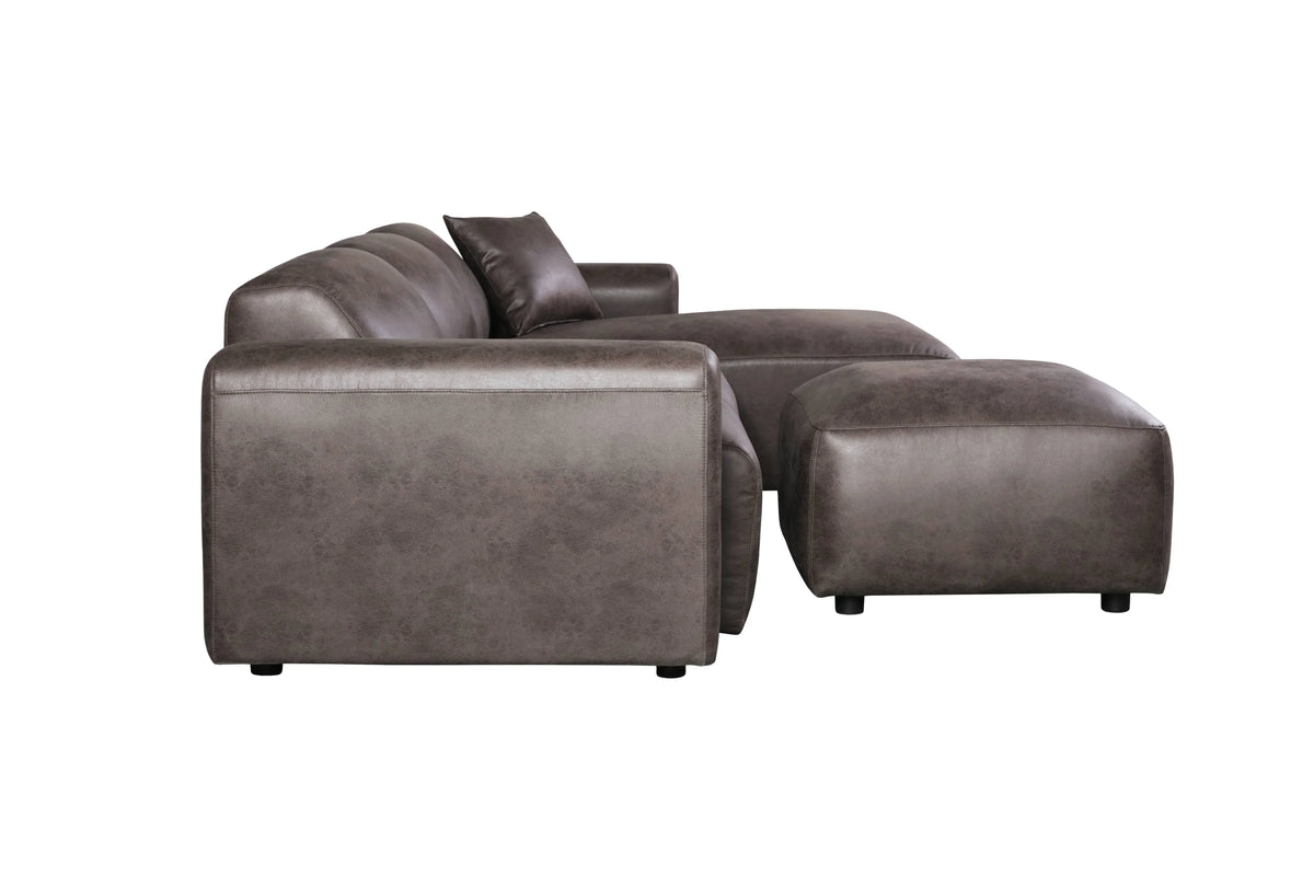 LeisureMod Whisper 4-6 Seater Conversation Set With a Chaise and Ottoman Upholstered in Linen/Leather/Polyester - Elax Furniture