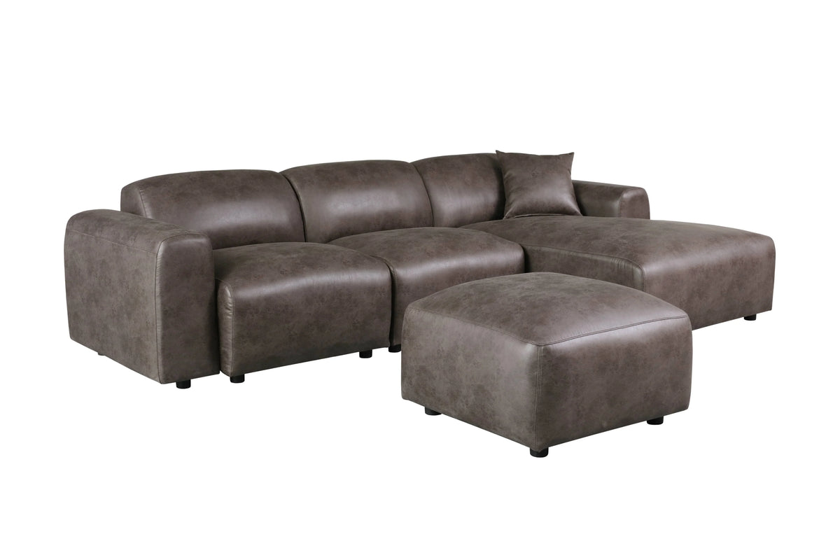 LeisureMod Whisper 4-6 Seater Conversation Set With a Chaise and Ottoman Upholstered in Linen/Leather/Polyester - Elax Furniture