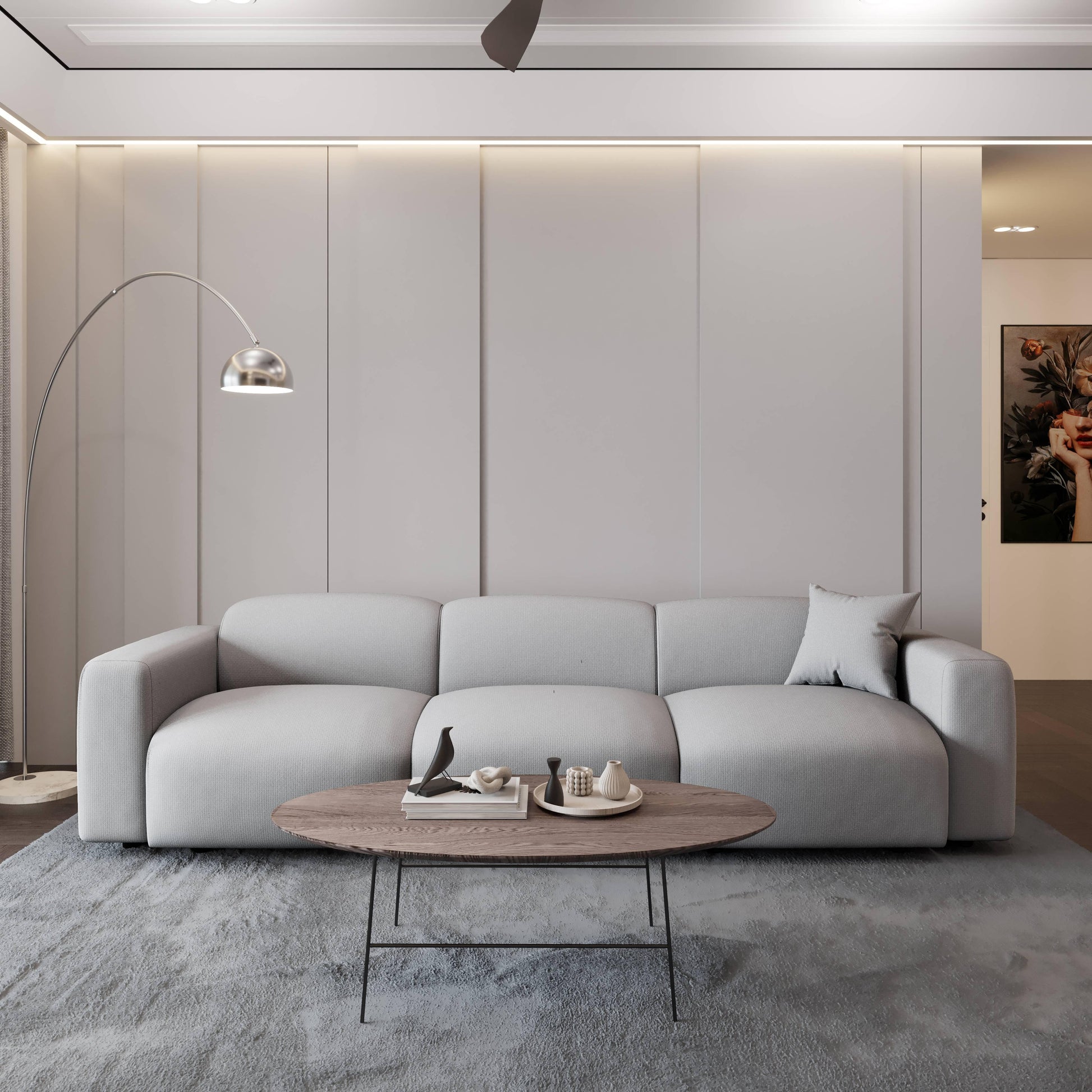 LeisureMod Whisper 4-6 Seater Conversation Set With a Chaise and Ottoman Upholstered in Linen/Leather/Polyester - Elax Furniture