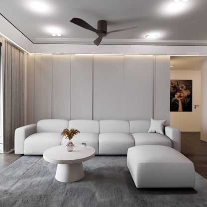 LeisureMod Whisper 4-6 Seater Conversation Set With a Chaise and Ottoman Upholstered in Linen/Leather/Polyester - Elax Furniture