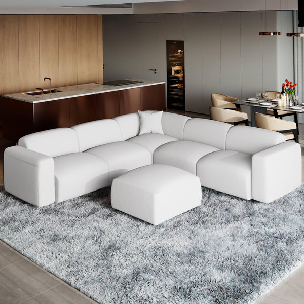 LeisureMod Whisper 4-6 Seater Conversation Set With a Chaise and Ottoman Upholstered in Linen/Leather/Polyester