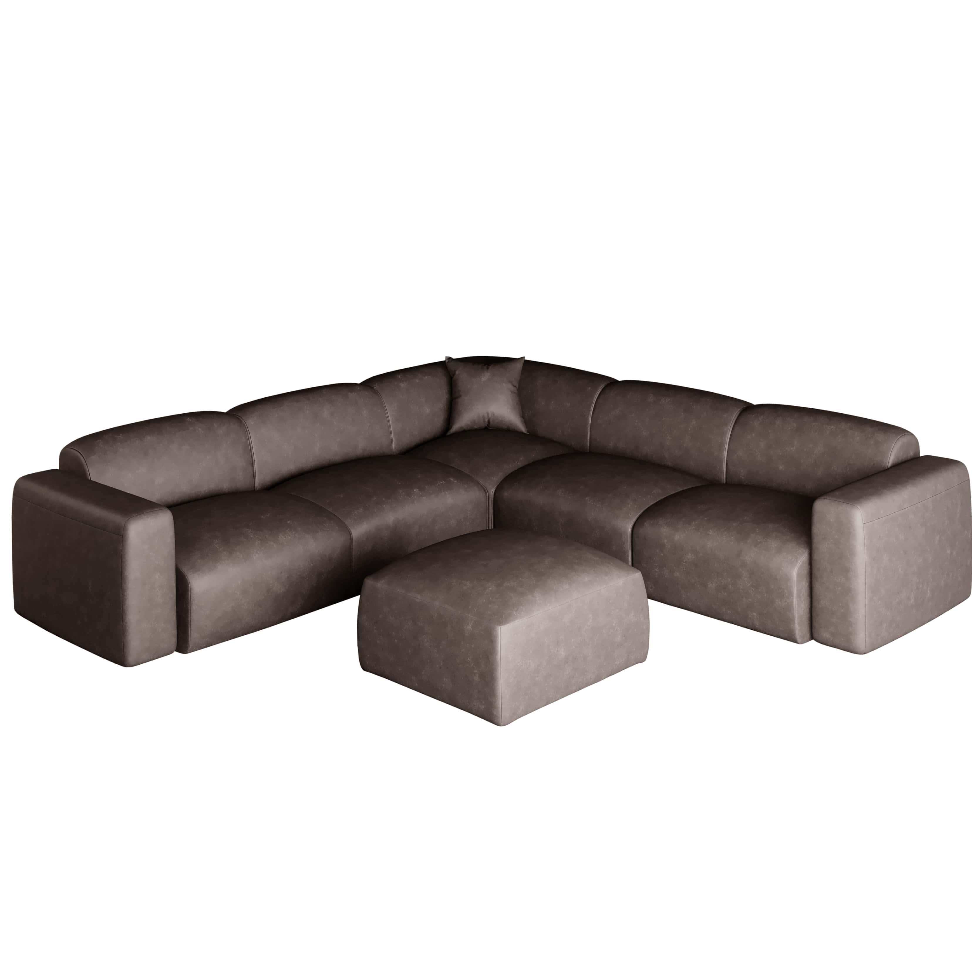 LeisureMod Whisper 4-6 Seater Conversation Set With a Chaise and Ottoman Upholstered in Linen/Leather/Polyester - Elax Furniture