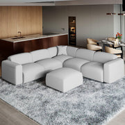 LeisureMod Whisper 4-6 Seater Conversation Set With a Chaise and Ottoman Upholstered in Linen/Leather/Polyester - Elax Furniture