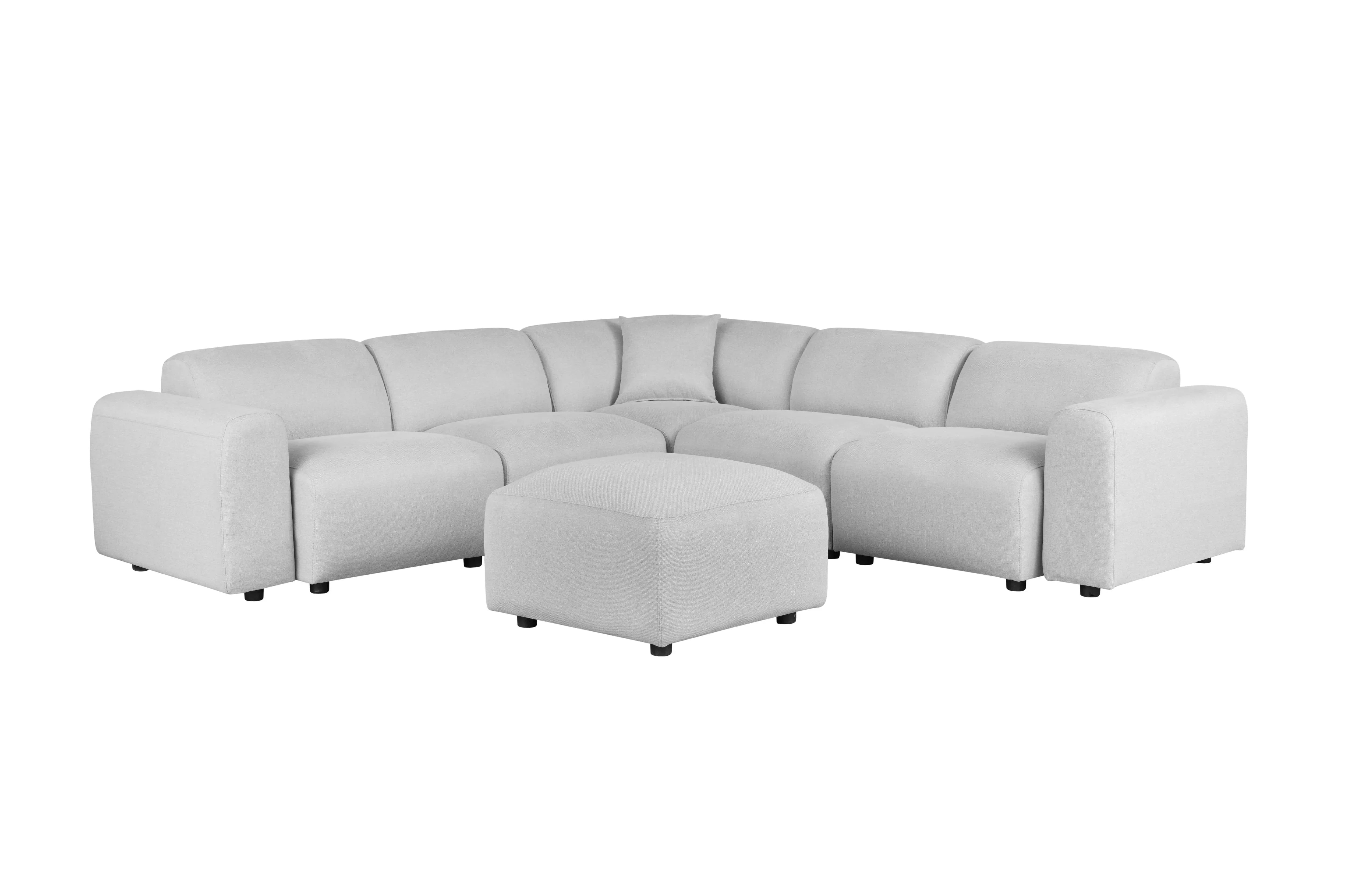 LeisureMod Whisper 4-6 Seater Conversation Set With a Chaise and Ottoman Upholstered in Linen/Leather/Polyester - Elax Furniture