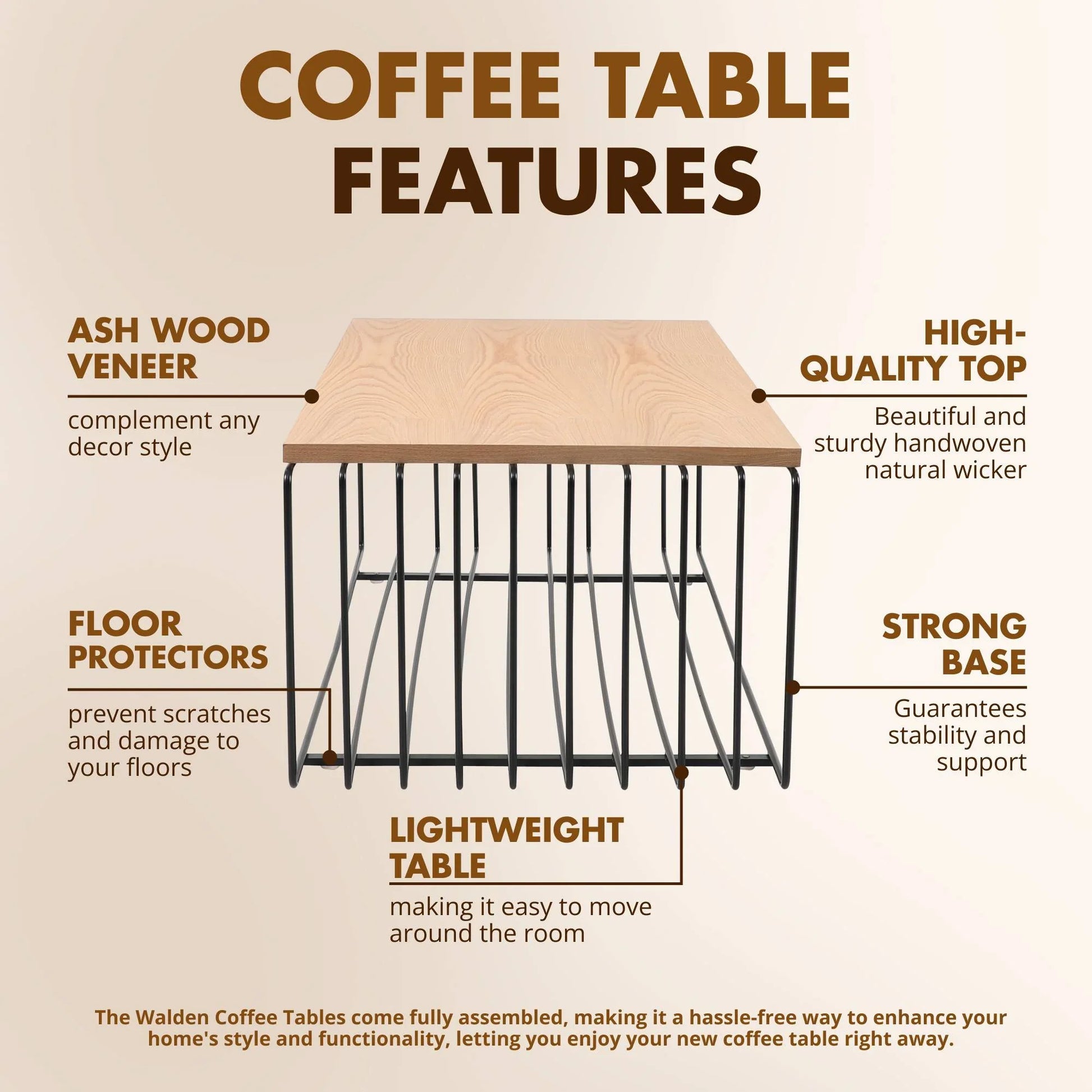 Walden Rectangular Coffee Table with Ash Wood Tabletop in Black Steel Frame - Elax Furniture