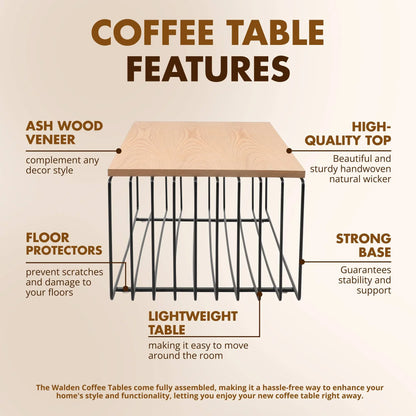 Walden Rectangular Coffee Table with Ash Wood Tabletop in Black Steel Frame - Elax Furniture