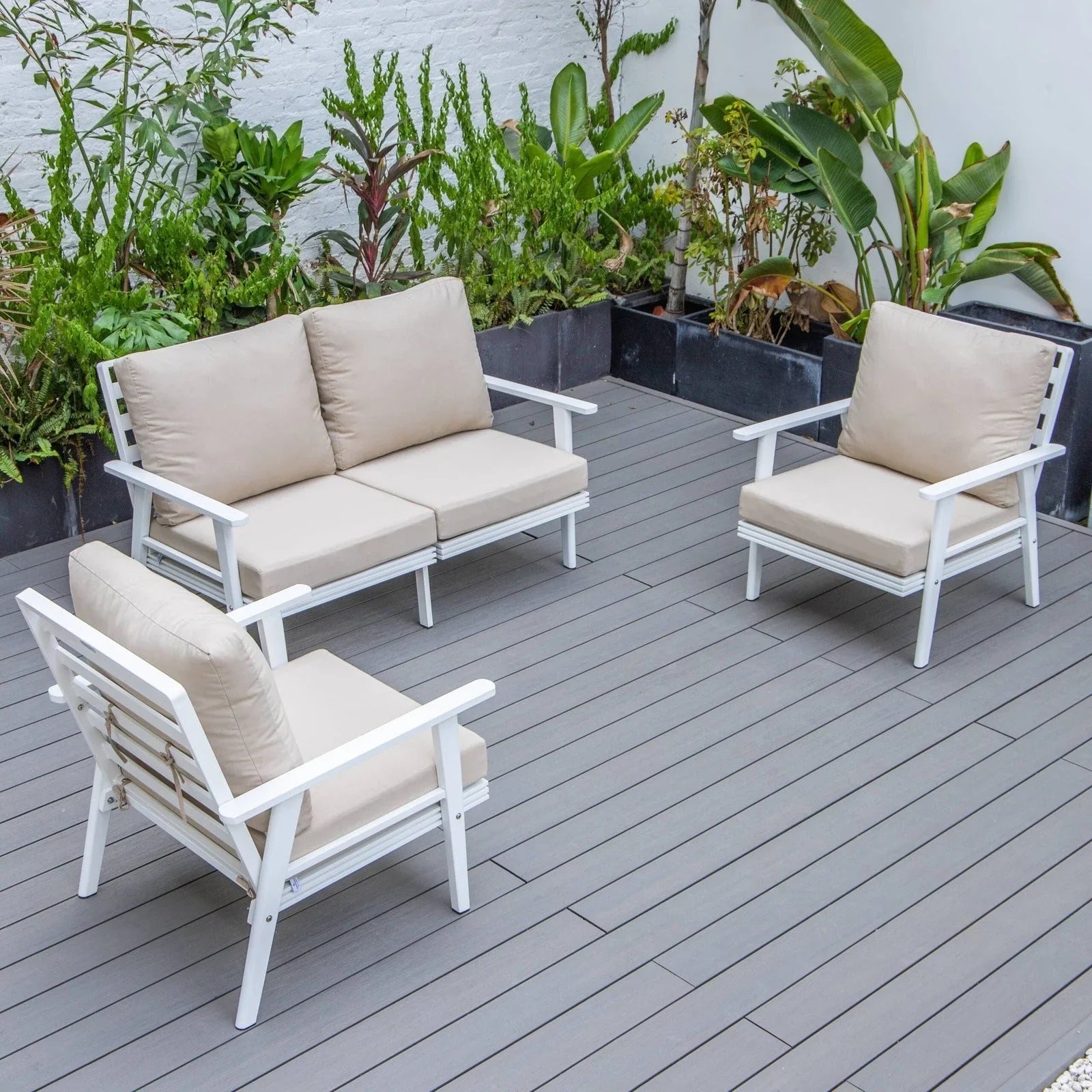 Walbrooke Modern 3-Piece Outdoor Patio Set with White Aluminum Frame and Removable Cushions Loveseat and Set of 2 Armchairs - Elax Furniture
