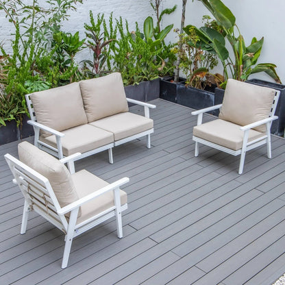 Walbrooke Modern 3-Piece Outdoor Patio Set with White Aluminum Frame and Removable Cushions Loveseat and Set of 2 Armchairs - Elax Furniture