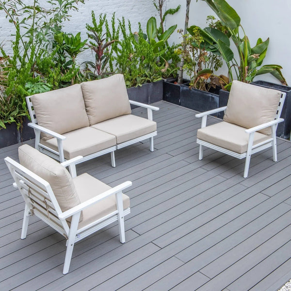 Walbrooke Modern 3-Piece Outdoor Patio Set with White Aluminum Frame and Removable Cushions Loveseat and Set of 2 Armchairs