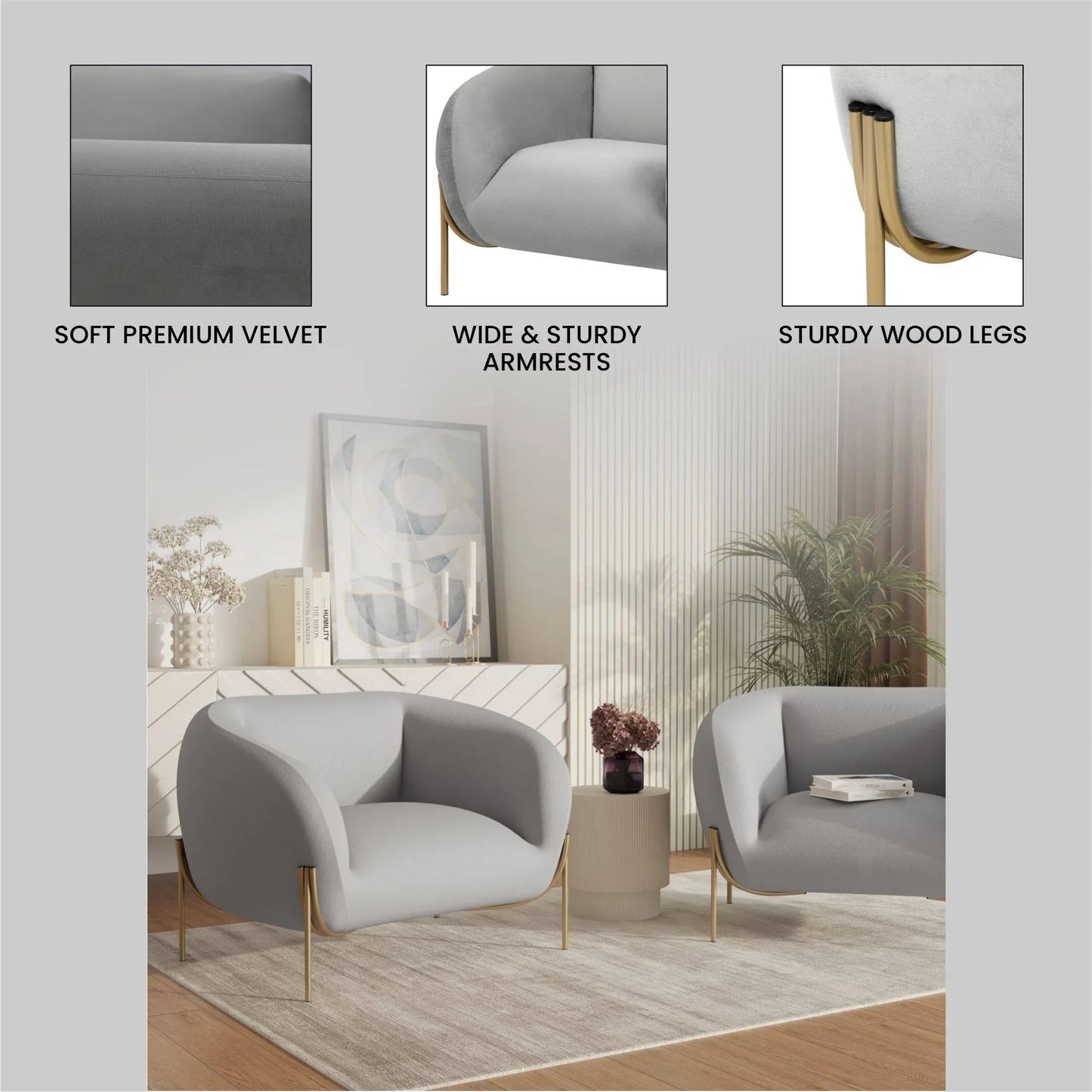 Zuno Upholstered Single Seater Sofa in Velvet with Gold Iron Legs - Elax Furniture