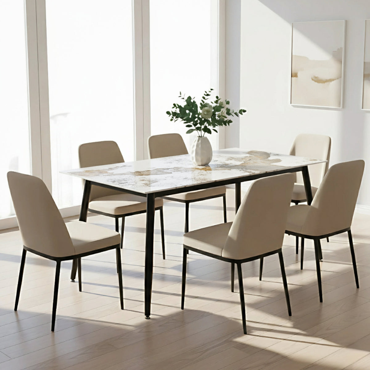 Zayle Rectangular Dining Table with a Sintered Stone Tabletop and a Stainless Steel Base
