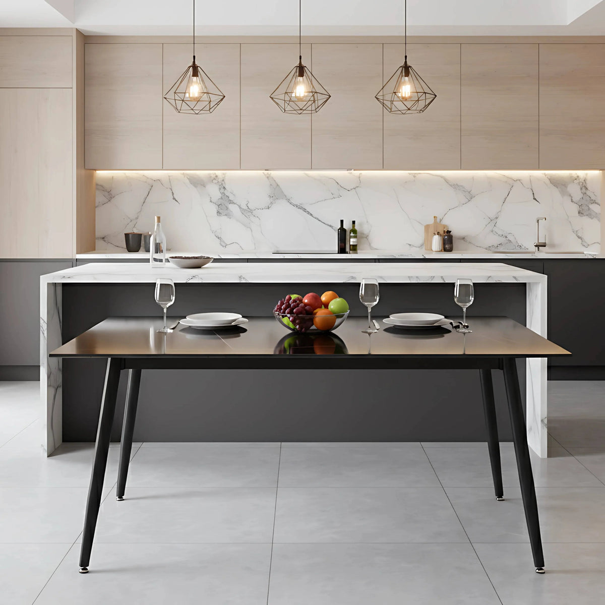 Zayle Modern Dining Table with a Rectangular Glass/Stone Tabletop in Steel