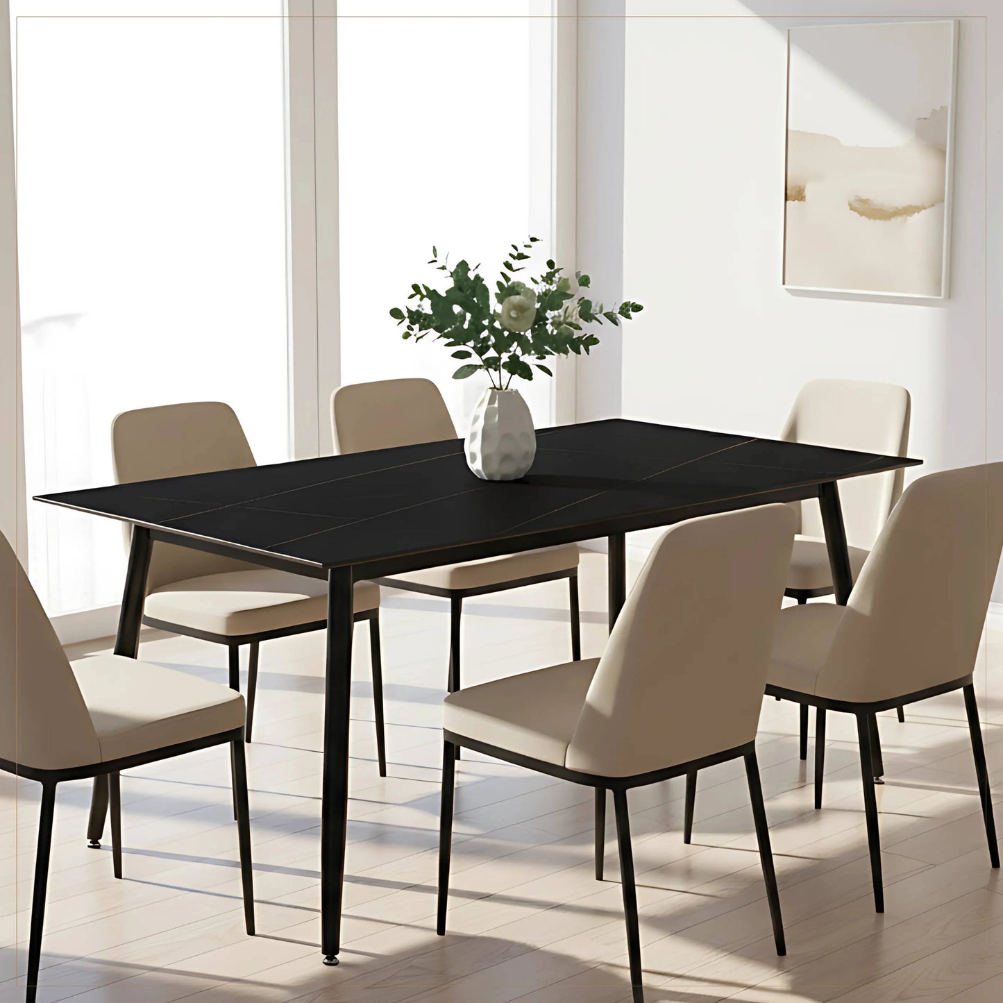Zayle Modern Dining Table with a Rectangular Glass/Stone Tabletop in Steel
