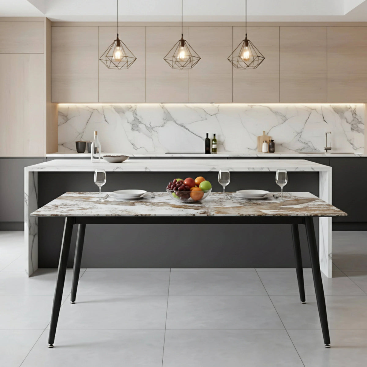 Zayle Modern Dining Table with a Rectangular Glass/Stone Tabletop in Steel