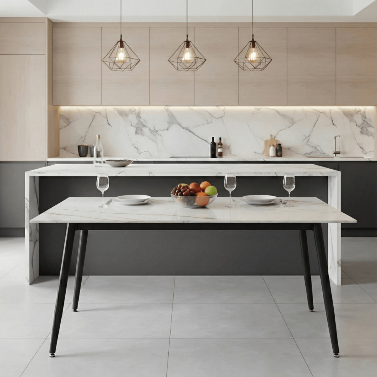 Zayle Modern Dining Table with a Rectangular Glass/Stone Tabletop in Steel